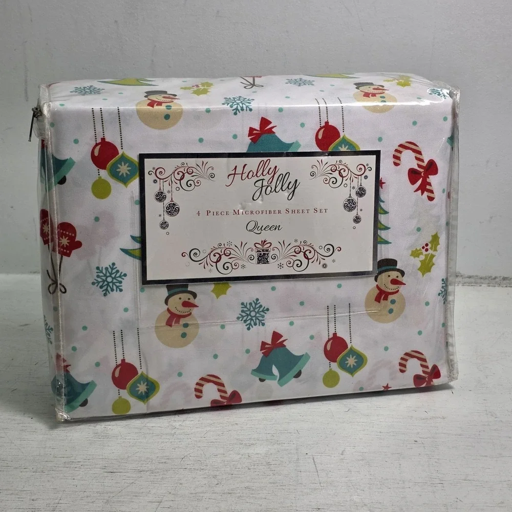 Holly Jolly Christmas Wonderland White Holiday Microfiber Queen 4Pc Sheet Set